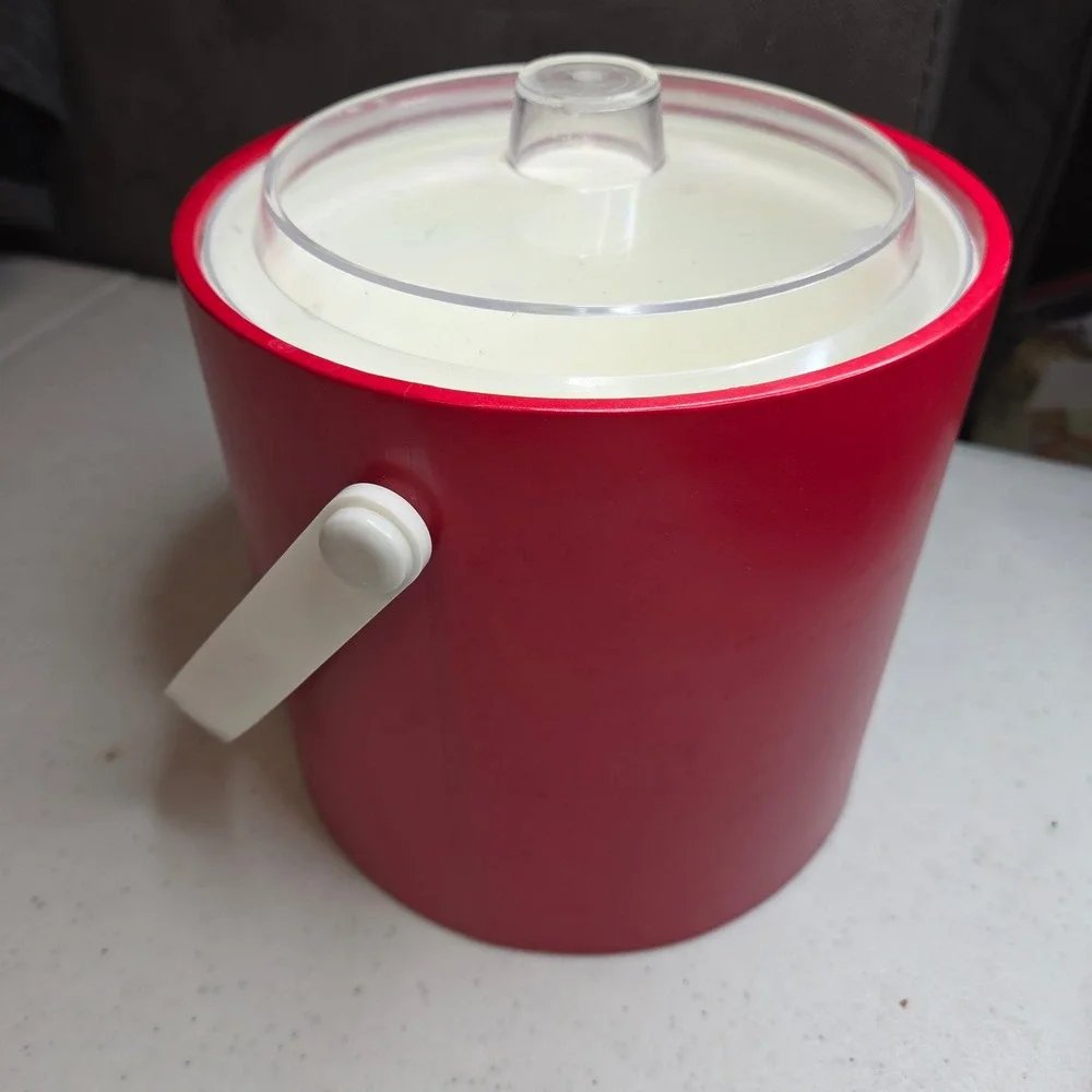MCM Kraftware Red Ice Bucket with Clear Lid and White Handle Vintage Retro